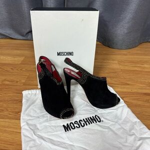 Moschino Black Suede Peeptoe Slingback Platform Heels with Gold Studs 39.5